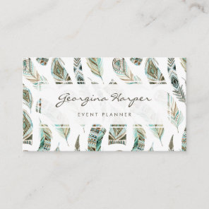 Boho Blue Watercolor Tribal Feathers Pattern Business Card