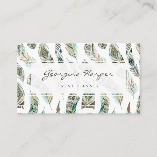 Boho Blue Watercolor Tribal Feathers Pattern Business Card