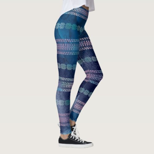 Boho Blue Watercolor Tribal Stripes Leggings