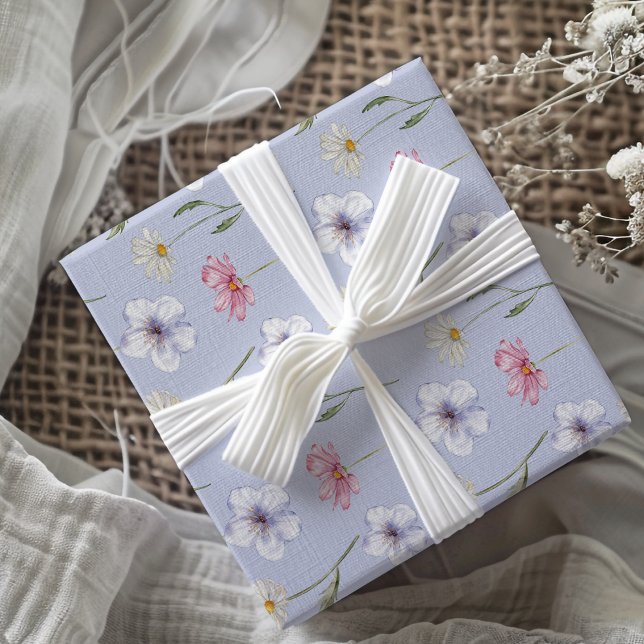 Boho blue Watercolor Wildflower Pattern  Wrapping Paper (Creator Uploaded)