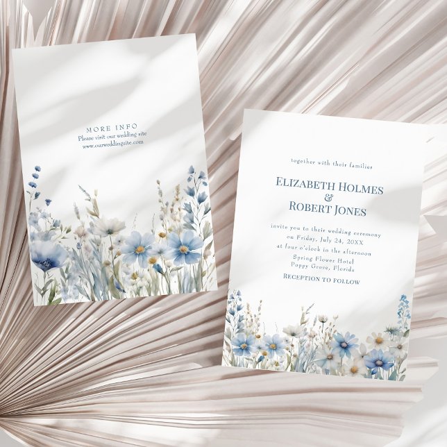 Boho Blue Watercolor Wildflowers Meadow Wedding Invitation (Boho Blue Watercolor Wildflowers Meadow Wedding Invitation on a sunny neutral dry palm leaf.)
