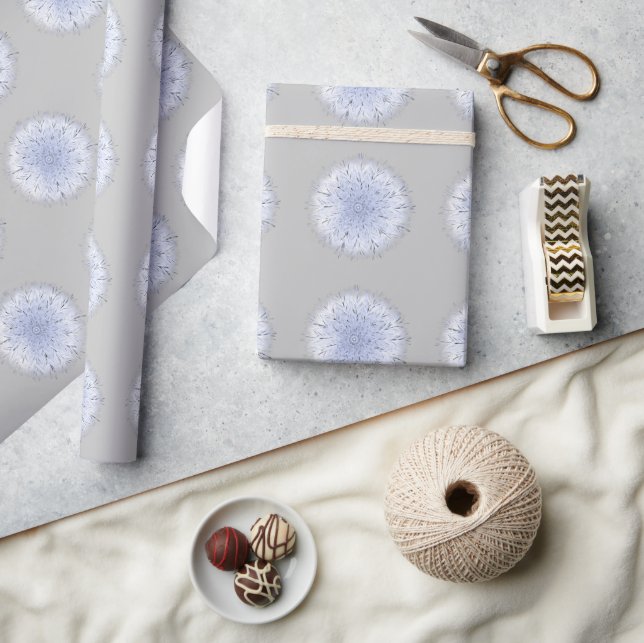 Boho Blue White Dandelion Wildflower Weed Gray Wrapping Paper (Crafts)