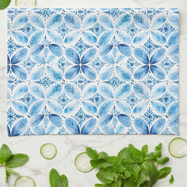 Boho Blue White Floral Abstract Kitchen Towel (Folded)