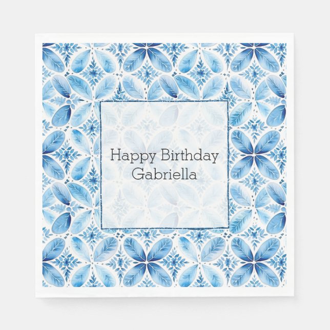 Boho Blue White Floral Abstract Napkins (Front)