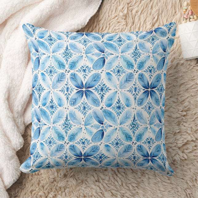 Boho Blue White Floral Abstract Throw Pillow (Blanket)