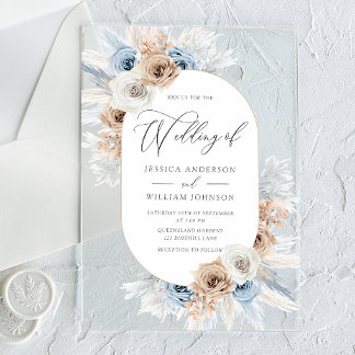 Boho Blue White Floral Acrylic Wedding Invitation