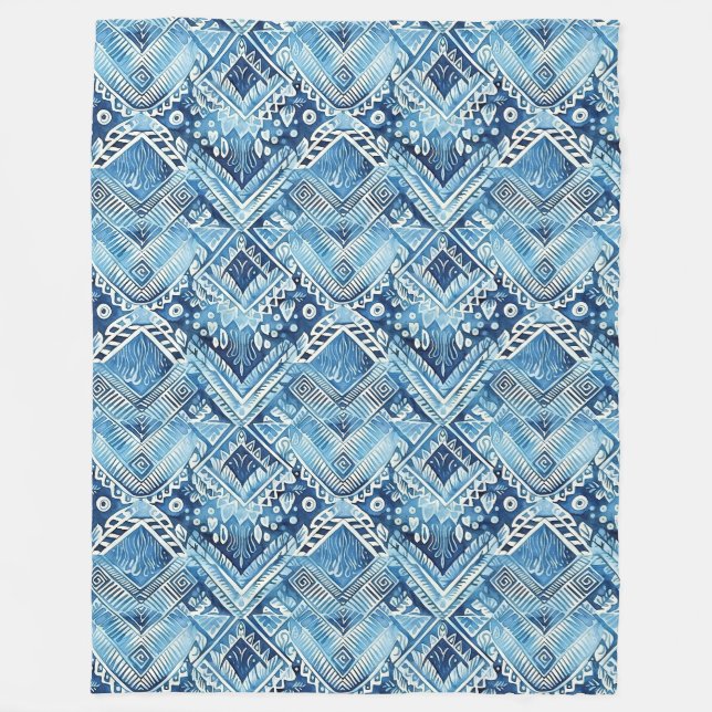 Boho Blue White Floral Hearts Abstract Fleece Blanket (Front)