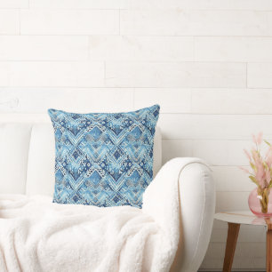 Boho Blue White Floral Hearts Abstract Throw Pillow