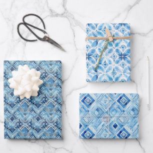 Boho Blue White Floral Hearts Abstract Wrapping Paper Sheets