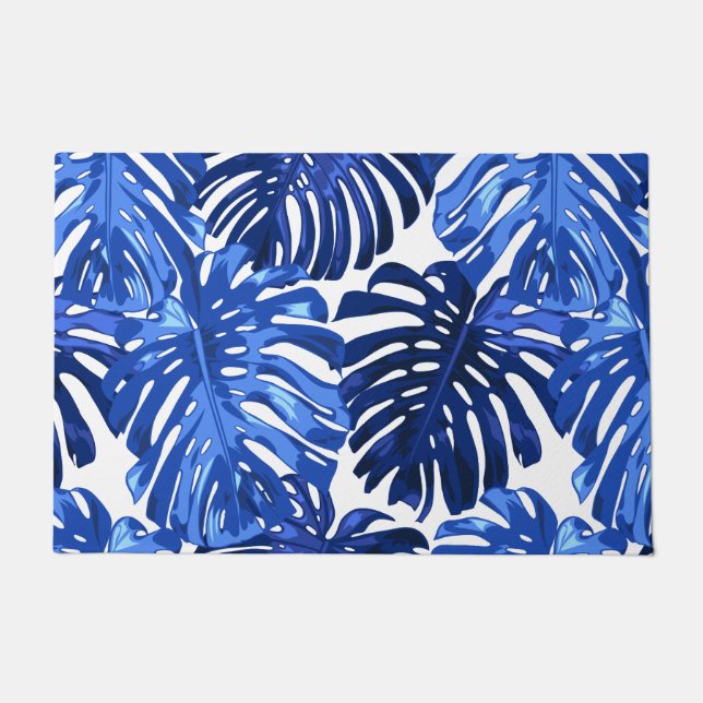 Boho Blue White Tropical Leaves Pattern Doormat (Front)