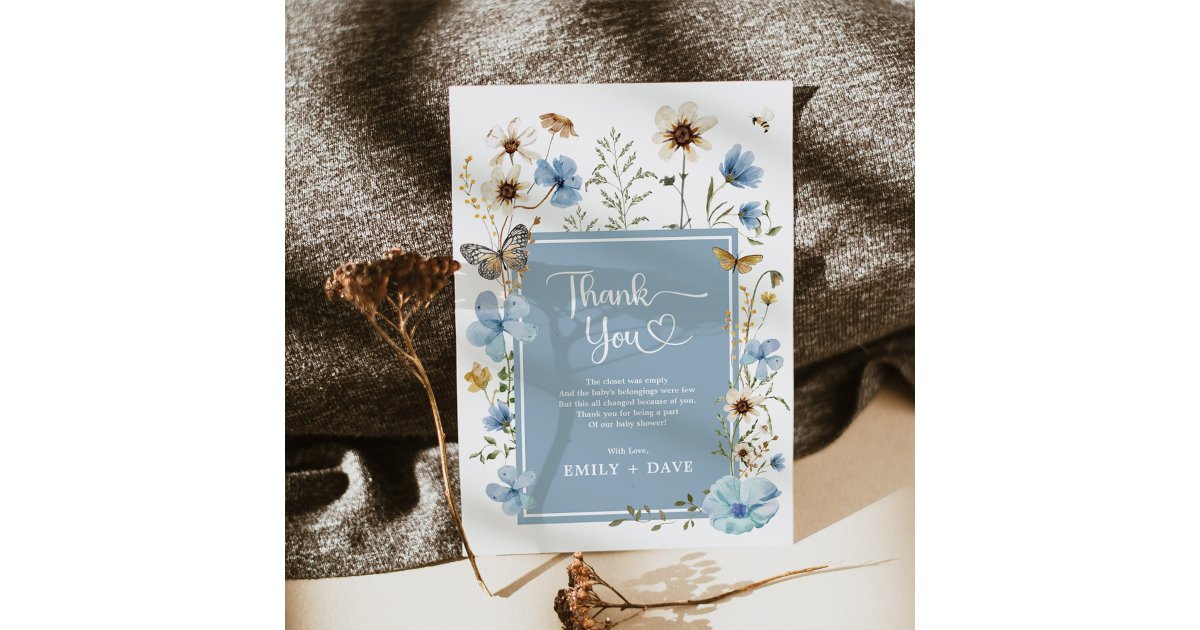 Boho Blue Wildflower Garden Boy Baby Shower Thank You Card | Zazzle