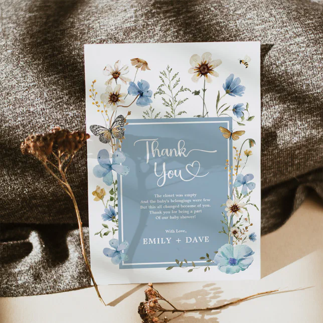 Boho Blue Wildflower Garden Boy Baby Shower Thank You Card | Zazzle