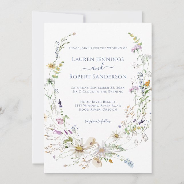 Boho Blue Wildflower Wedding Invitation (Front)