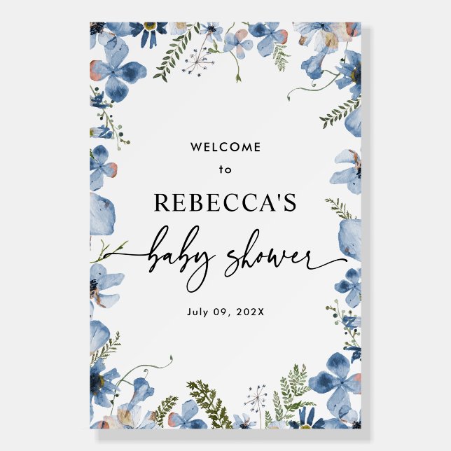 Boho Blue Wildflowers Baby Shower Welcome Sign (Front)