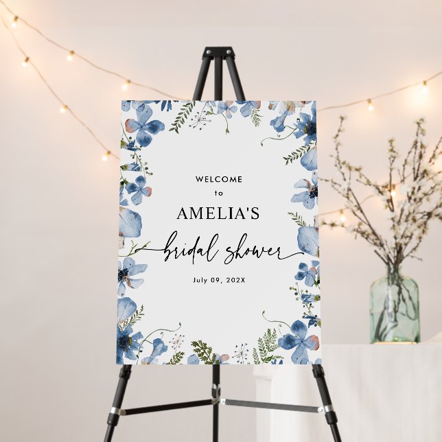 Boho Blue Wildflowers Bridal Shower Welcome Sign (In Situ (Stand))