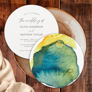Boho Blue Yellow Abstract Watercolor Wedding