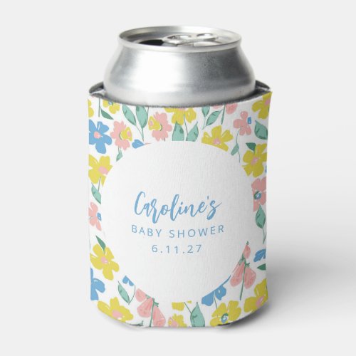 Boho Blue Yellow Ditsy Floral Custom Baby Shower Can Cooler