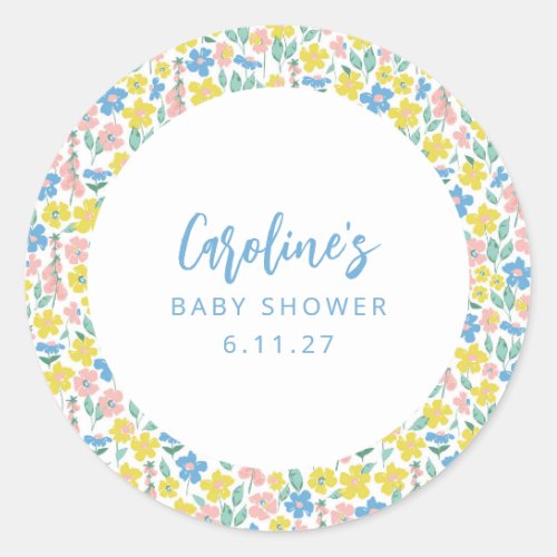 Boho Blue Yellow Ditsy Floral Custom Baby Shower Classic Round Sticker