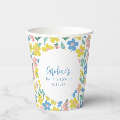 Boho Blue Yellow Ditsy Floral Custom Baby Shower Paper Cups