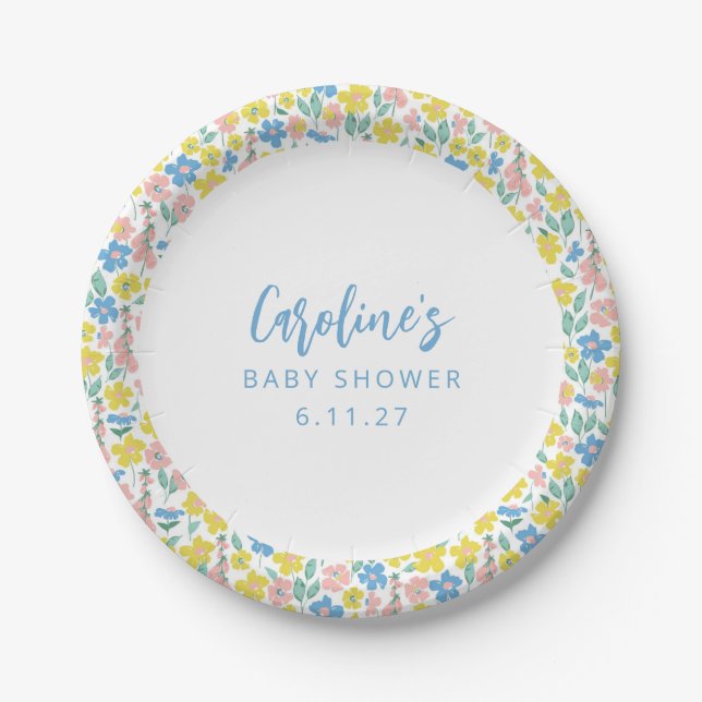 Boho Blue Yellow Ditsy Floral Custom Baby Shower Paper Plates (Front)