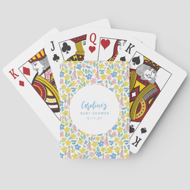 Boho Blue Yellow Ditsy Floral Custom Baby Shower Poker Cards (Back)