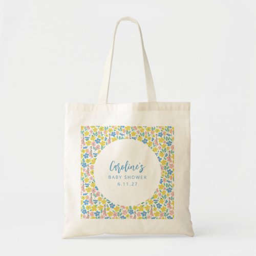 Boho Blue Yellow Ditsy Floral Custom Baby Shower Tote Bag
