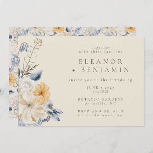 Boho Blue Yellow Floral Watercolor Pattern Wedding Invitation