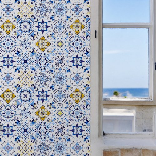 Boho Blue Yellow Mediterranean Style Pattern Wallpaper