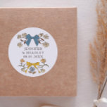 Boho Blue Yellow Ribbons Floral Wedding Favor  Classic Round Sticker<br><div class="desc">Boho and rustic wedding favor sticker featuring hand drawn illustration of bows and flowers in blue and yellow colors.</div>