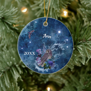 Boho Blue Zodiac Aries Constellation Ceramic Ornament