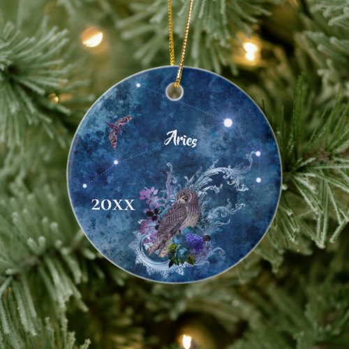 Boho Blue Zodiac Aries Constellation Ceramic Ornament