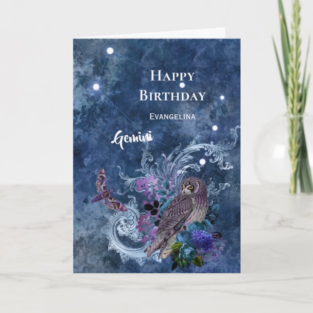 Boho Blue Zodiac Gemini Constellation Birthday Card (Front)