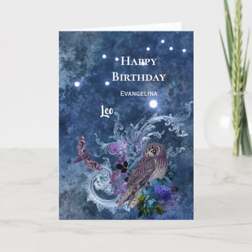 Boho Blue Zodiac Leo Constellation Birthday Card