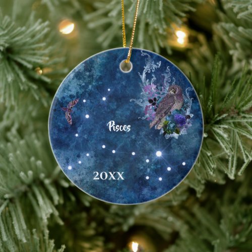 Boho Blue Zodiac Pisces Constellation Ceramic Ornament