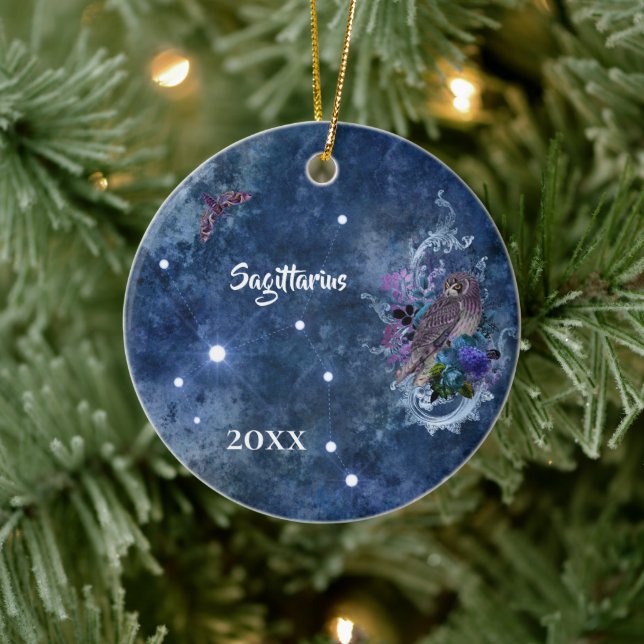 Boho Blue Zodiac Sagittarius Constellation Ceramic Ornament (Tree)
