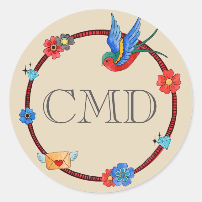 Boho Bluebird Monogram Classic Round Sticker (Front)
