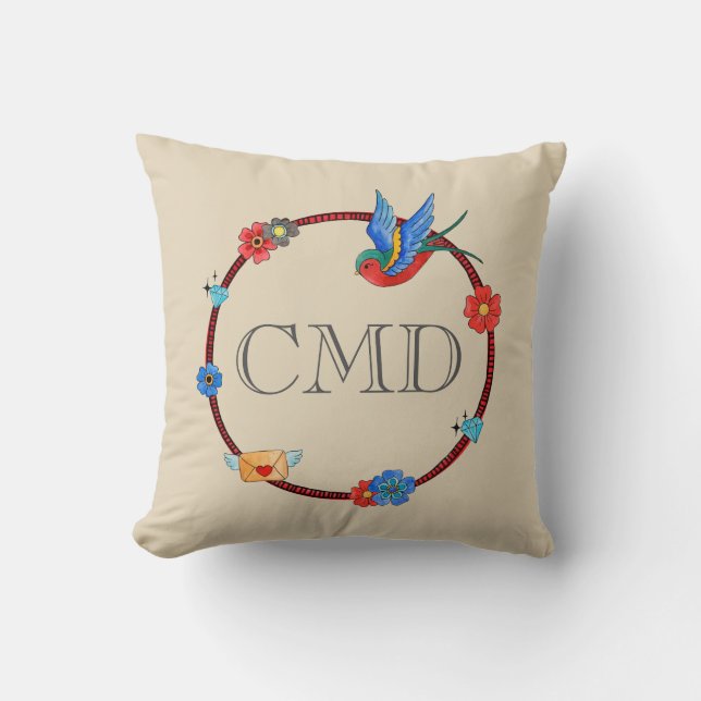 Boho Bluebird Monogram Throw Pillow (Front)