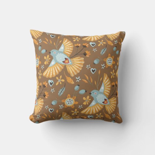 Boho Bluebird Pattern on Brown Throw Pillow