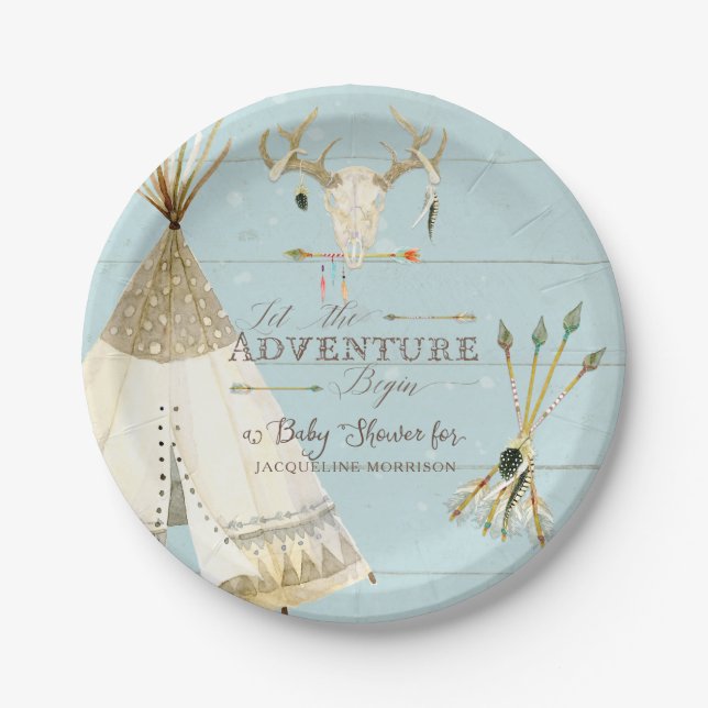 BOHO BlueTeepee Arrows Deer Antler Baby Boy Shower Paper Plates (Front)