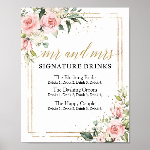 Boho bluhs pink floral gold signature drinks sign