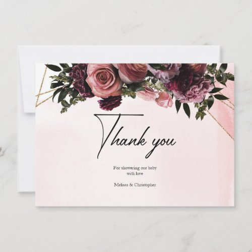Boho blush and burgundy flowers roses gold frame thank you card