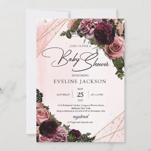 Boho Blush and burgundy maroon floral gold frame  Invitation