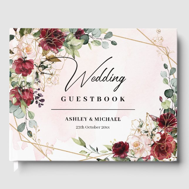 Boho blush and burgundy roses eucalyptus wedding guest book (Front)