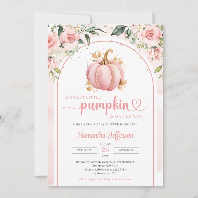 Boho blush and gold a little pumpkin baby shower invitation (Front)