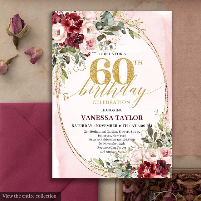 Boho Blush and Gold Burgundy 60th Birthday Card (Boho Blush and Gold Burgundy 60th Birthday Card)