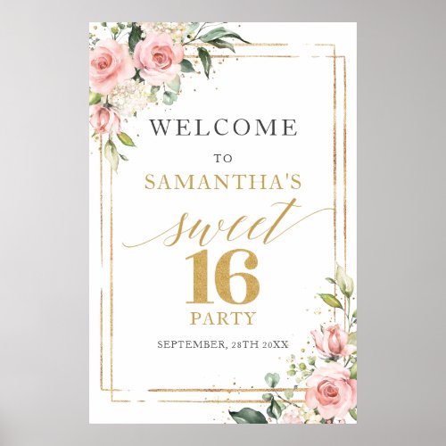 Boho Blush and gold glitter 16th birthday welcome Poster