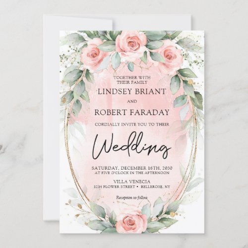 Boho blush and greenery and faux gold oval  invitation