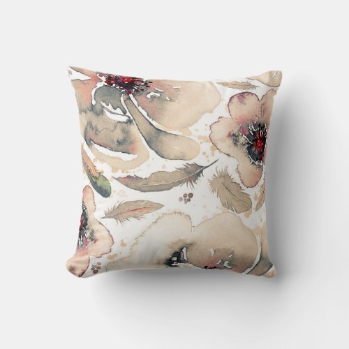 Boho Blush and Ivory Vintage Floral Watercolors Throw Pillow - Romantic watercolor flowers and boho feathers blush, grey and ivory pillow