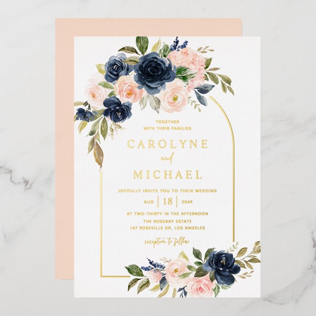 Boho Blush and Navy Blue Floral Arch Wedding Foil Invitation (Front/Back)