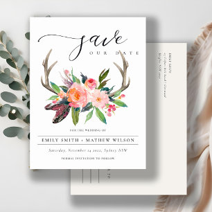 BOHO BLUSH ANTLER FLORAL COUNTRY SAVE THE DATE ANNOUNCEMENT POSTCARD
